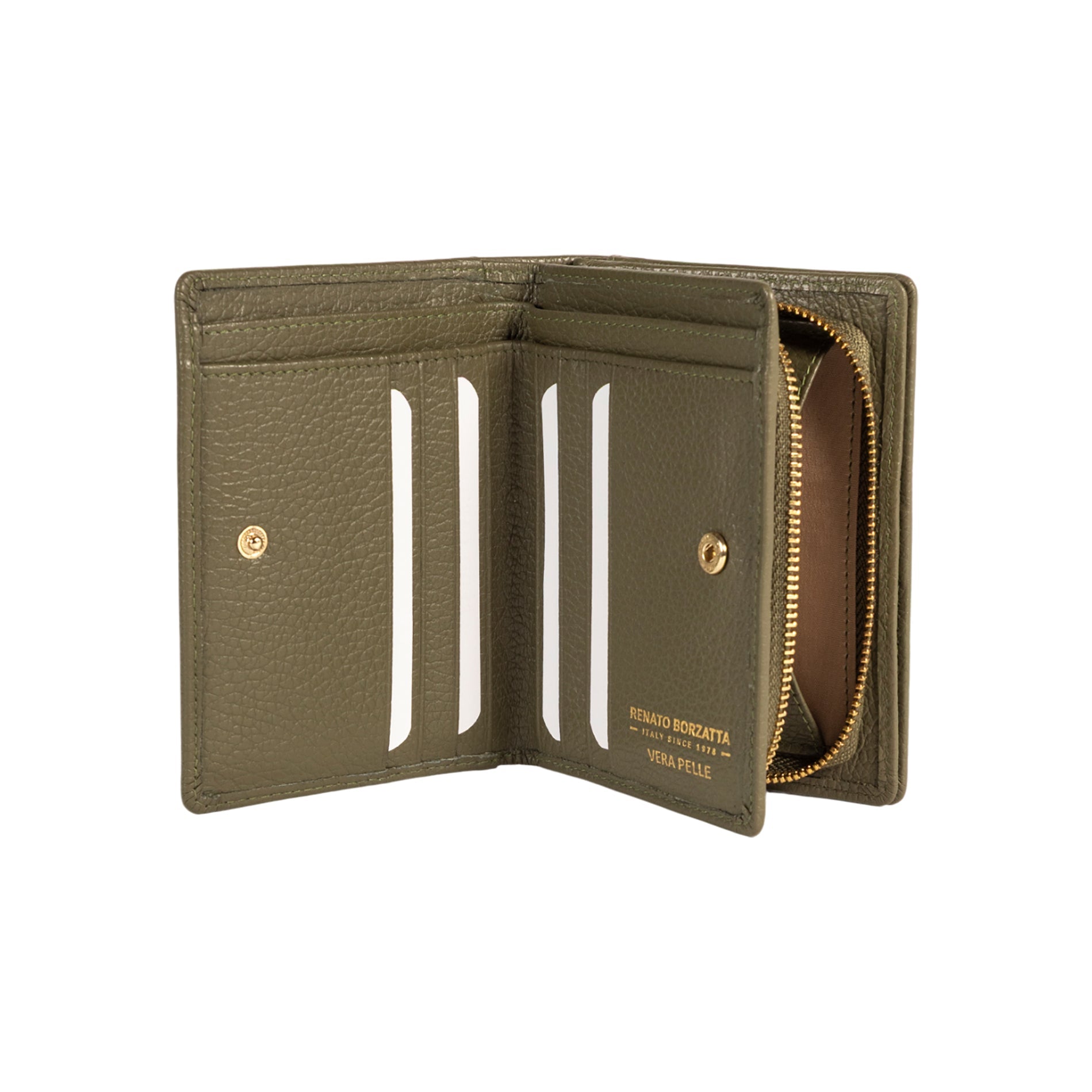 RB1080GAG | Women's Wallet Made in Italy in Genuine Dollar Grain Leather. Olive Green Color. Dimensions (closed): 13 x 9 x 2.5 cm