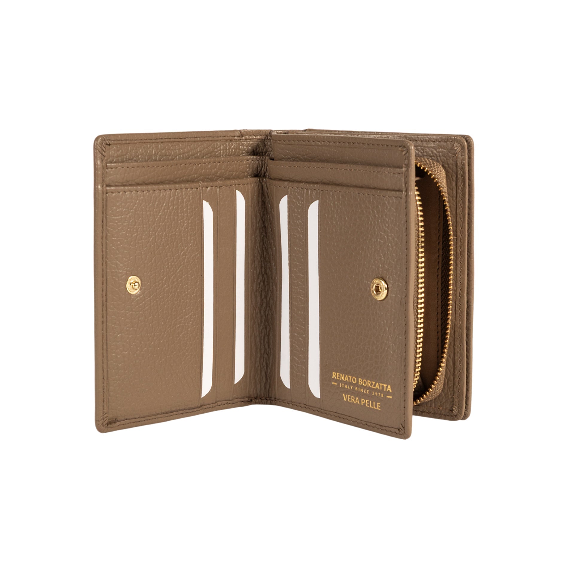 RB1080GAQ | Women's Wallet Made in Italy in Genuine Dollar Grain Leather. Taupe Color. Dimensions (closed): 13 x 9 x 2.5 cm