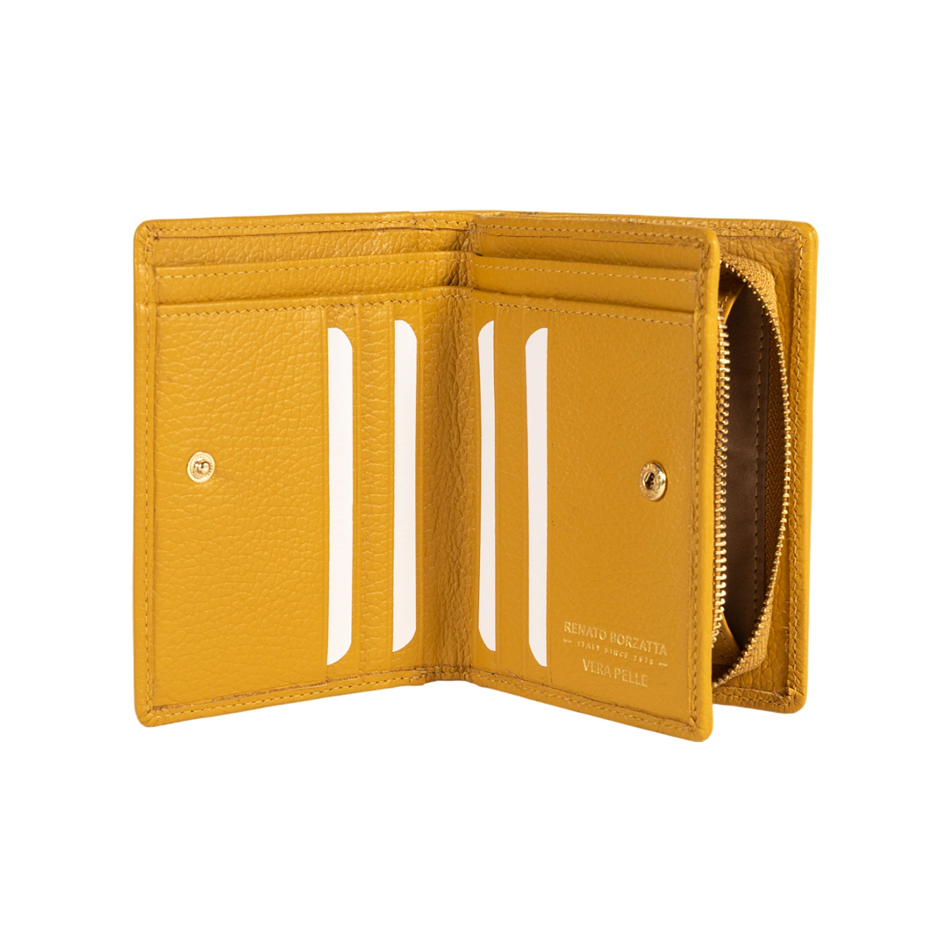 RB1080GAR | Women's Wallet Made in Italy in Genuine Dollar Grain Leather. Mustard Color. Dimensions (closed): 13 x 9 x 2.5 cm