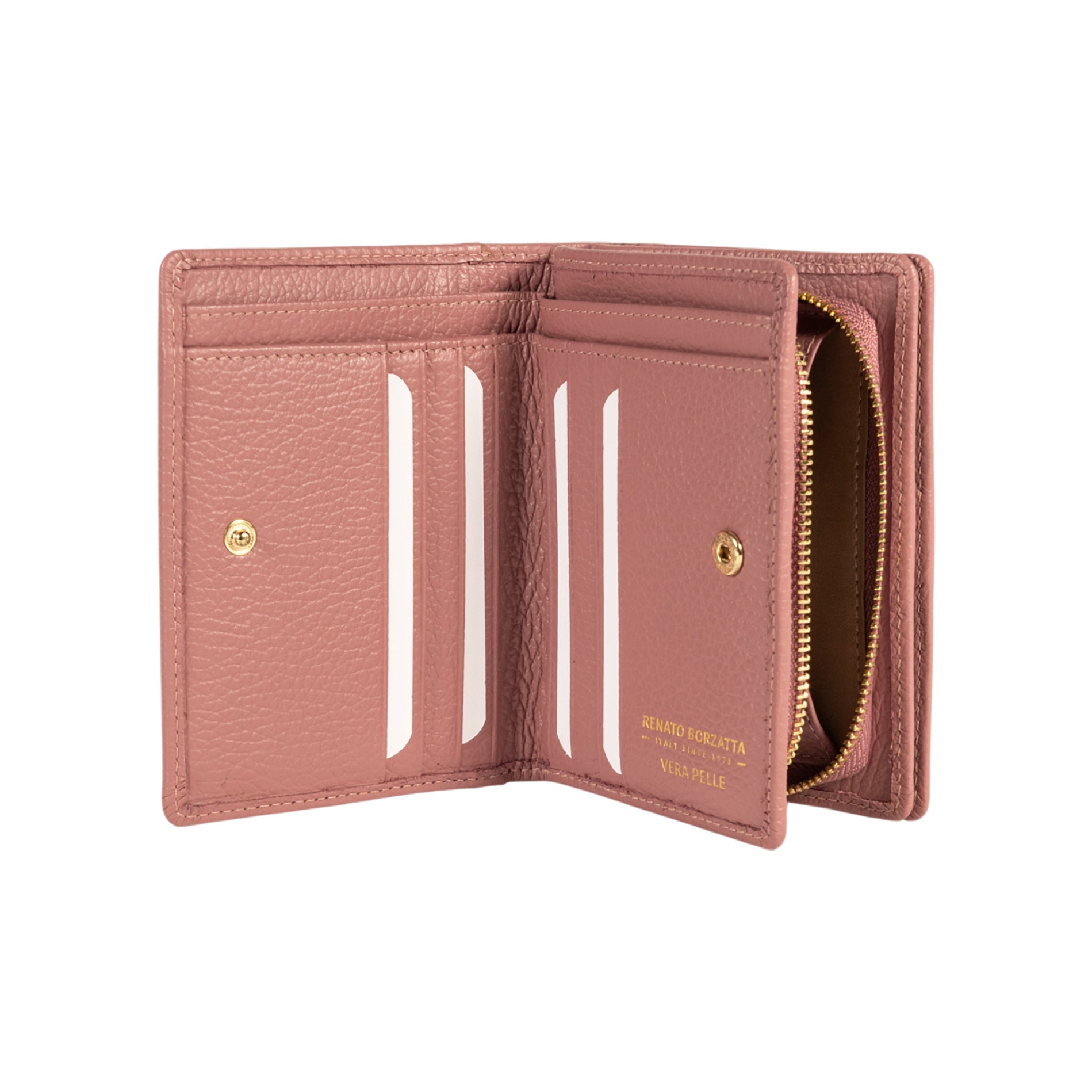 RB1080GAZ | Women's Wallet Made in Italy in Genuine Dollar Grain Leather. Antique Pink Color. Dimensions (closed): 13 x 9 x 2.5 cm