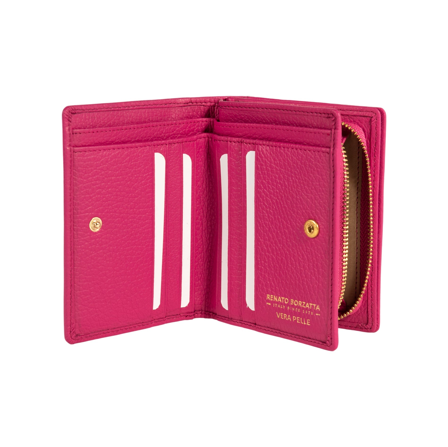 RB1080GBE | Women's Wallet Made in Italy in Genuine Dollar Grain Leather. Fuchsia Color. Dimensions (closed): 13 x 9 x 2.5 cm