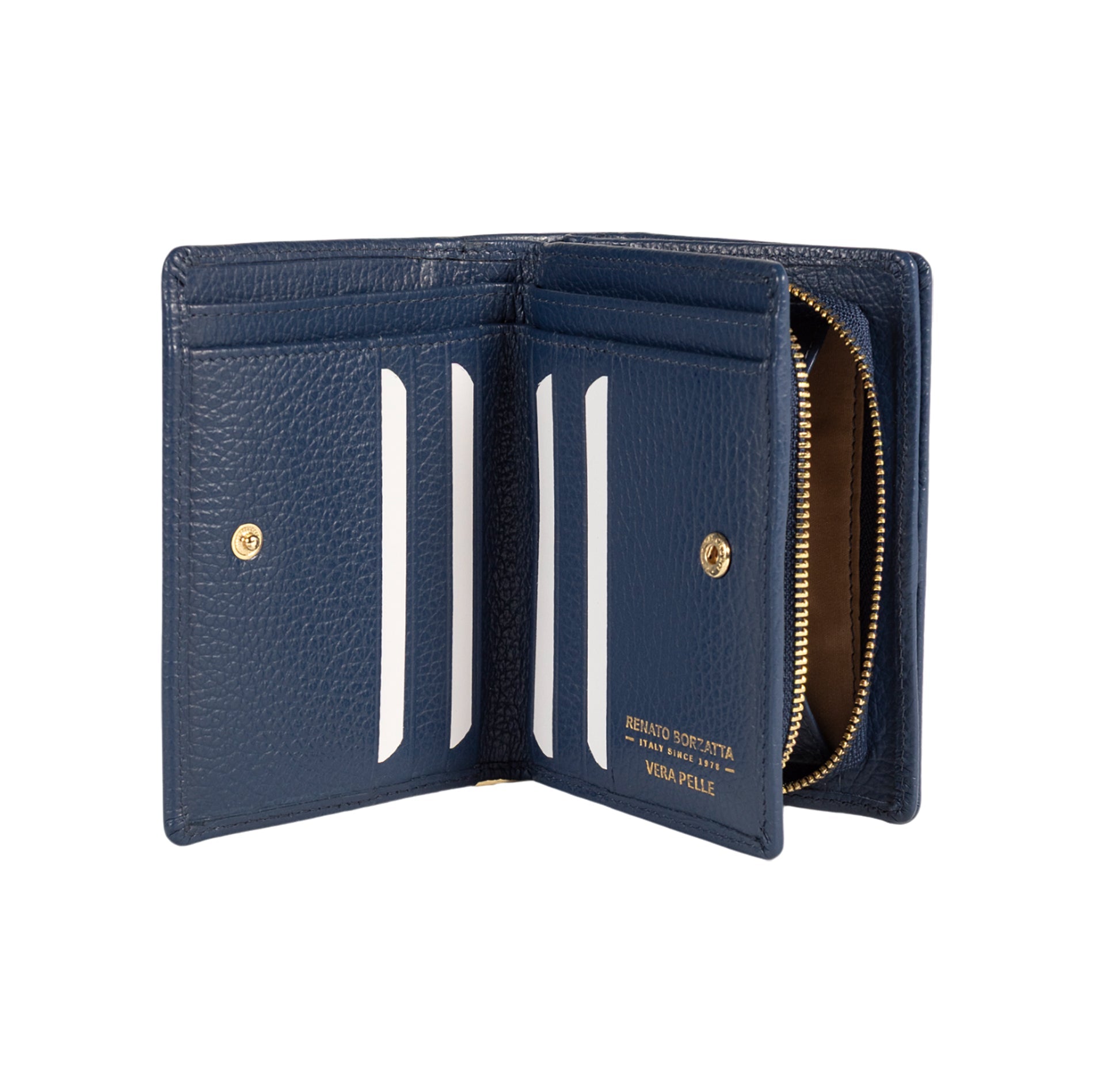 RB1080GD | Women's Wallet Made in Italy in Genuine Dollar Grain Leather. Color: Blue. Dimensions (closed): 13 x 9 x 2.5 cm