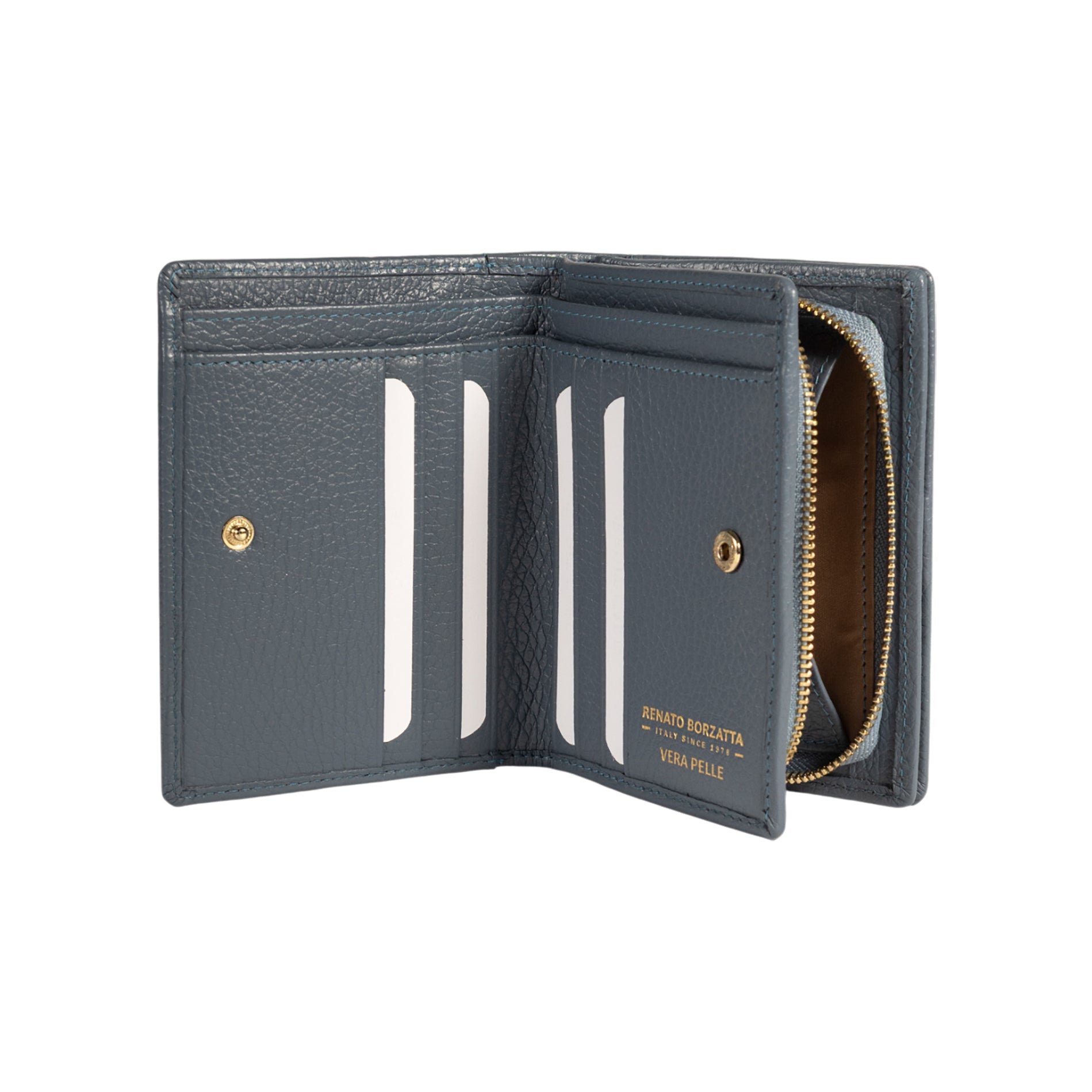 RB1080GP | Women's Wallet Made in Italy in Genuine Dollaro Grain Leather. Color: Air Force Blue. Dimensions (closed): 13 x 9 x 2.5 cm