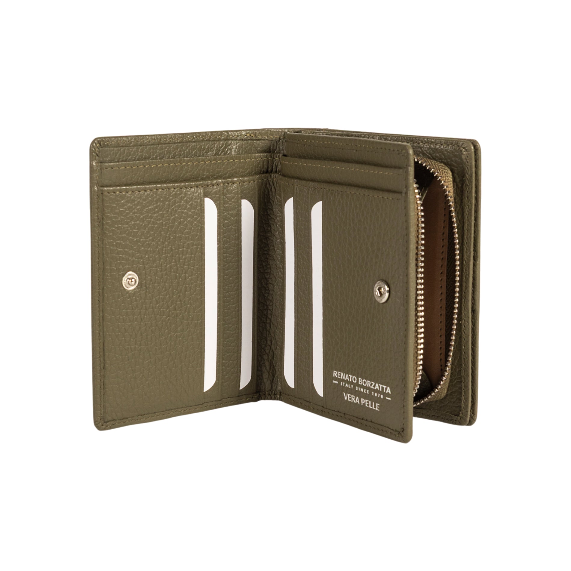 RB1080SAG | Women's Wallet Made in Italy in Genuine Dollar Grain Leather. Olive Green Color. Dimensions (closed): 13 x 9 x 2.5 cm
