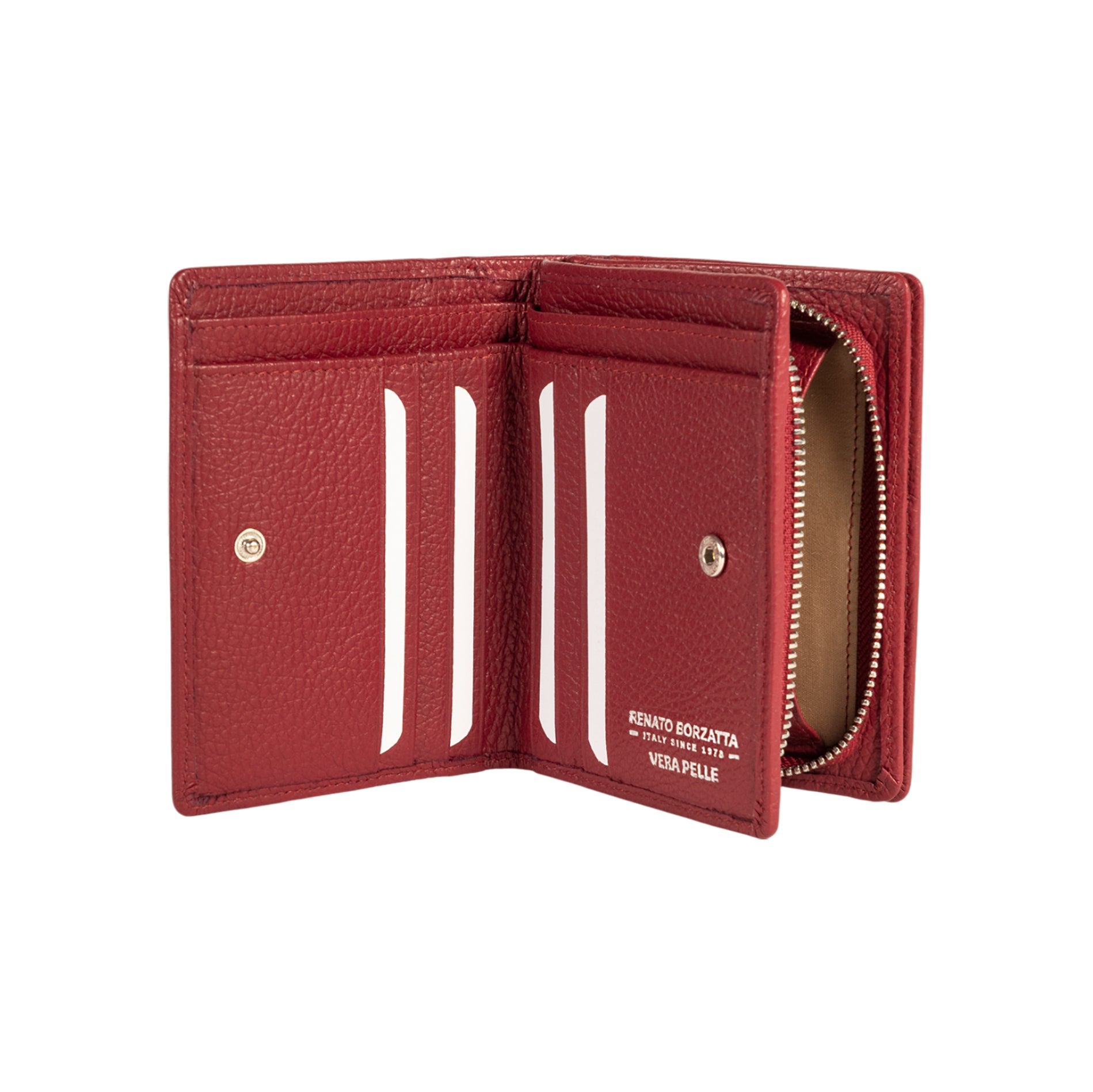 RB1080SQ | Women's Wallet Made in Italy in Genuine Dollar Grain Leather. Ruby Color. Dimensions (closed): 13 x 9 x 2.5 cm