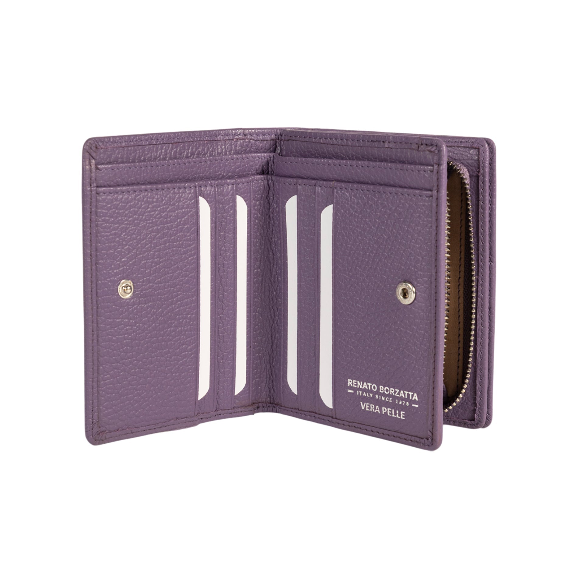 RB1080SY | Women's Wallet Made in Italy in Genuine Dollar Grain Leather. Color: Purple. Dimensions (closed): 13 x 9 x 2.5 cm