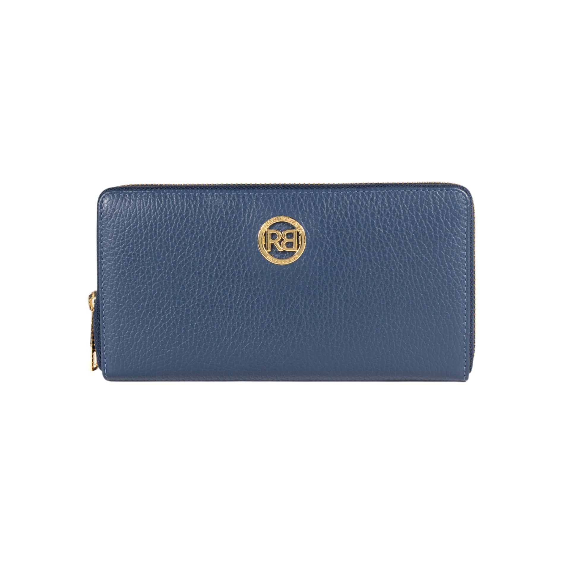 RB1081GD | Women's zip-up wallet, Made in Italy in genuine grained leather. Color: Blue. Dimensions: 20 x 10 x 2.5 cm.